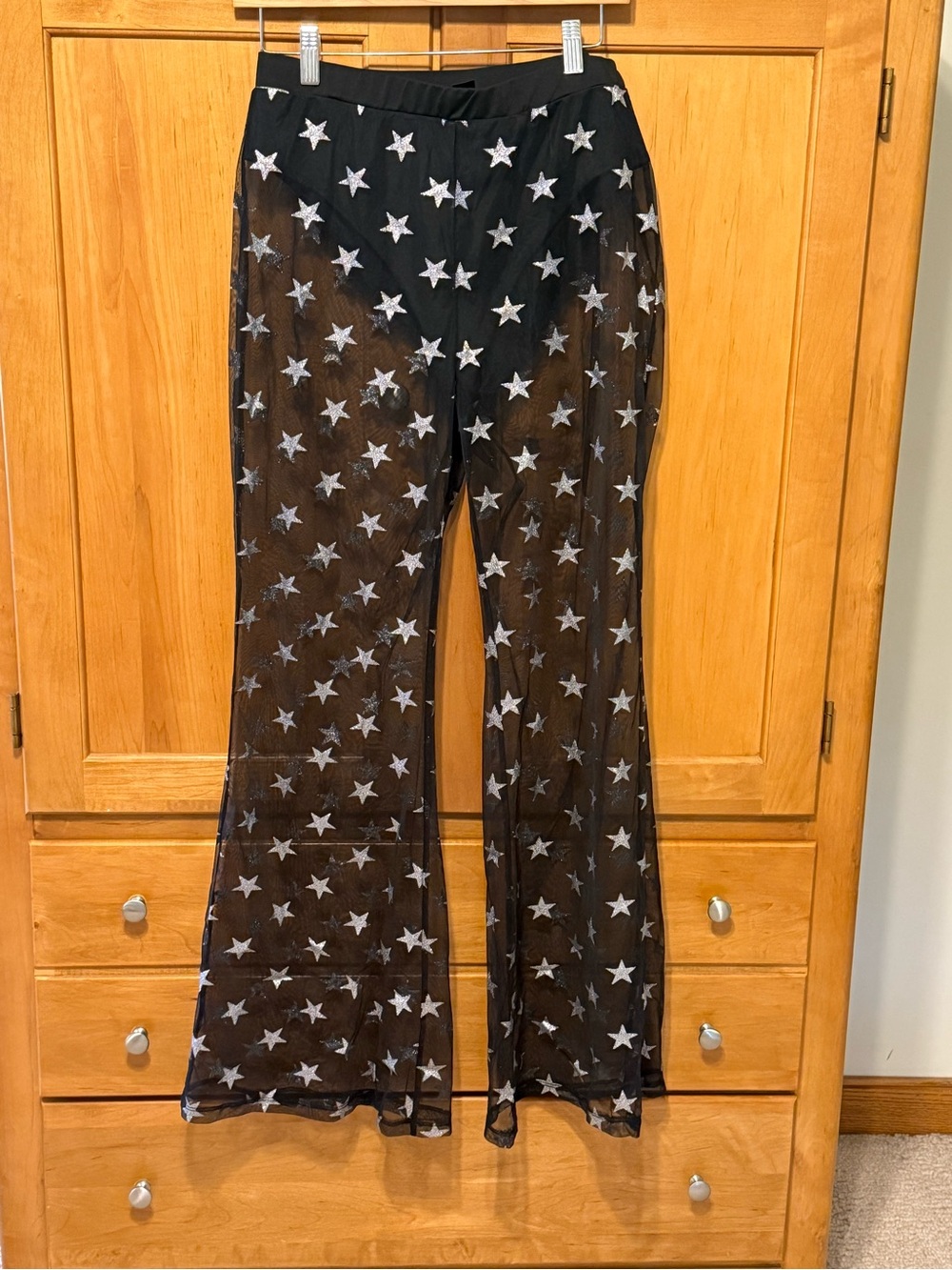 SHEIN Black Sheer Star-Print Wide-Leg Pants Concert Halloween Sheer